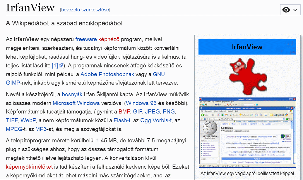 az 'IrfanView' Wikipédia szócikk képernyőképe