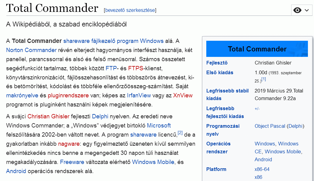 a 'Total Commander' Wikipédia szócikk képernyőképe