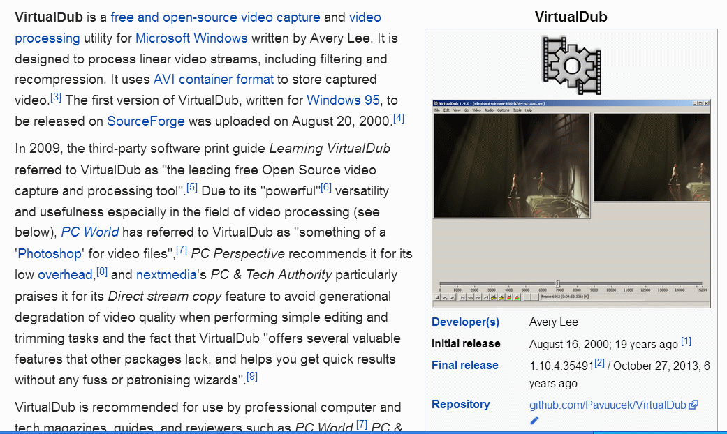 a 'VirtualDub' Wikipedia szócikk képernyőképe