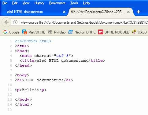 Az elso.html tartalmának megjelenítése Firefox böngészőben